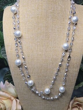Silver & White Pearl Necklace, Long Length